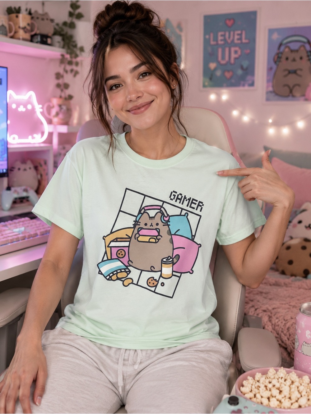 Pusheen Gamer Cat Graphic Tee Mint Green Size M